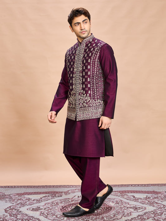 Wine Silk Embroidered Jacket Kurta Set for Men