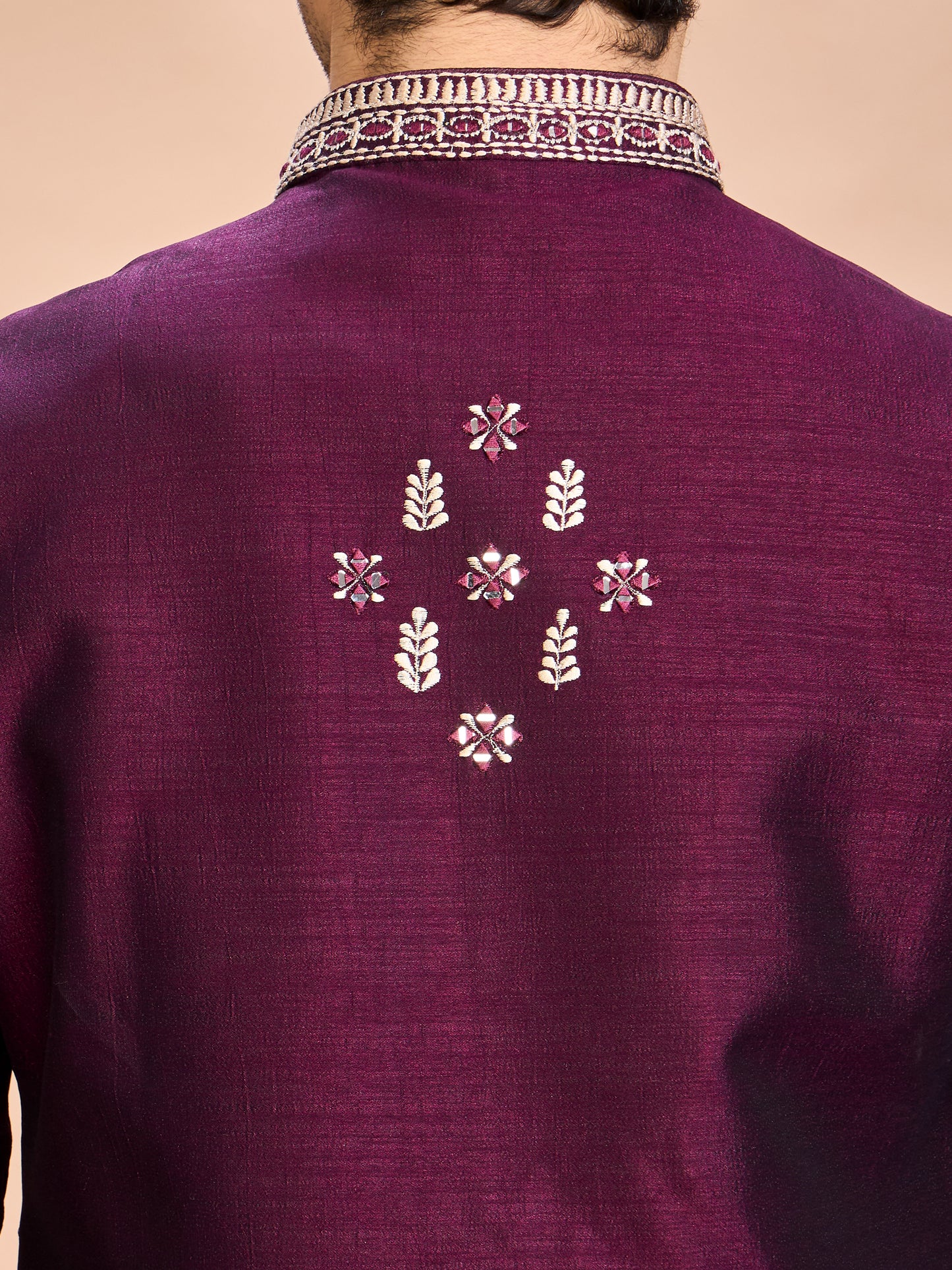 Wine Silk Embroidered Jacket Kurta Set for Men