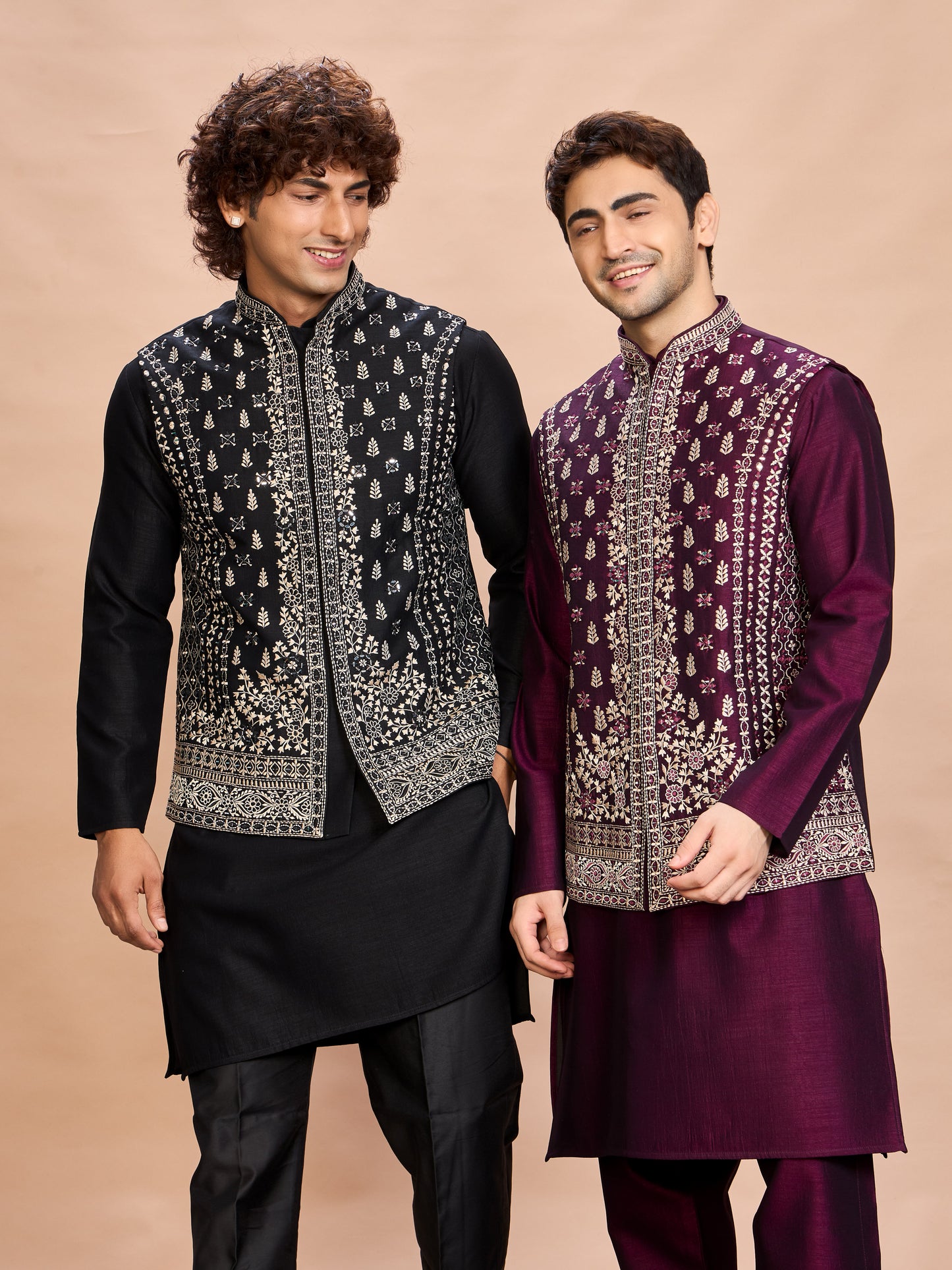 Black Silk Embroidered Jacket Kurta Set for Men