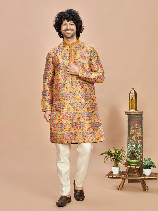 Mustard Multicolor Embroidered Kurta for Men