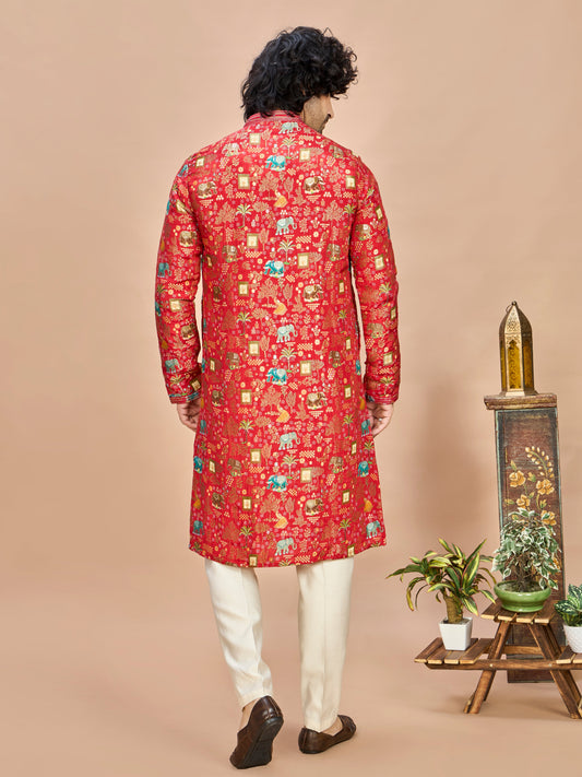 Red Silk Kurta Set for Men