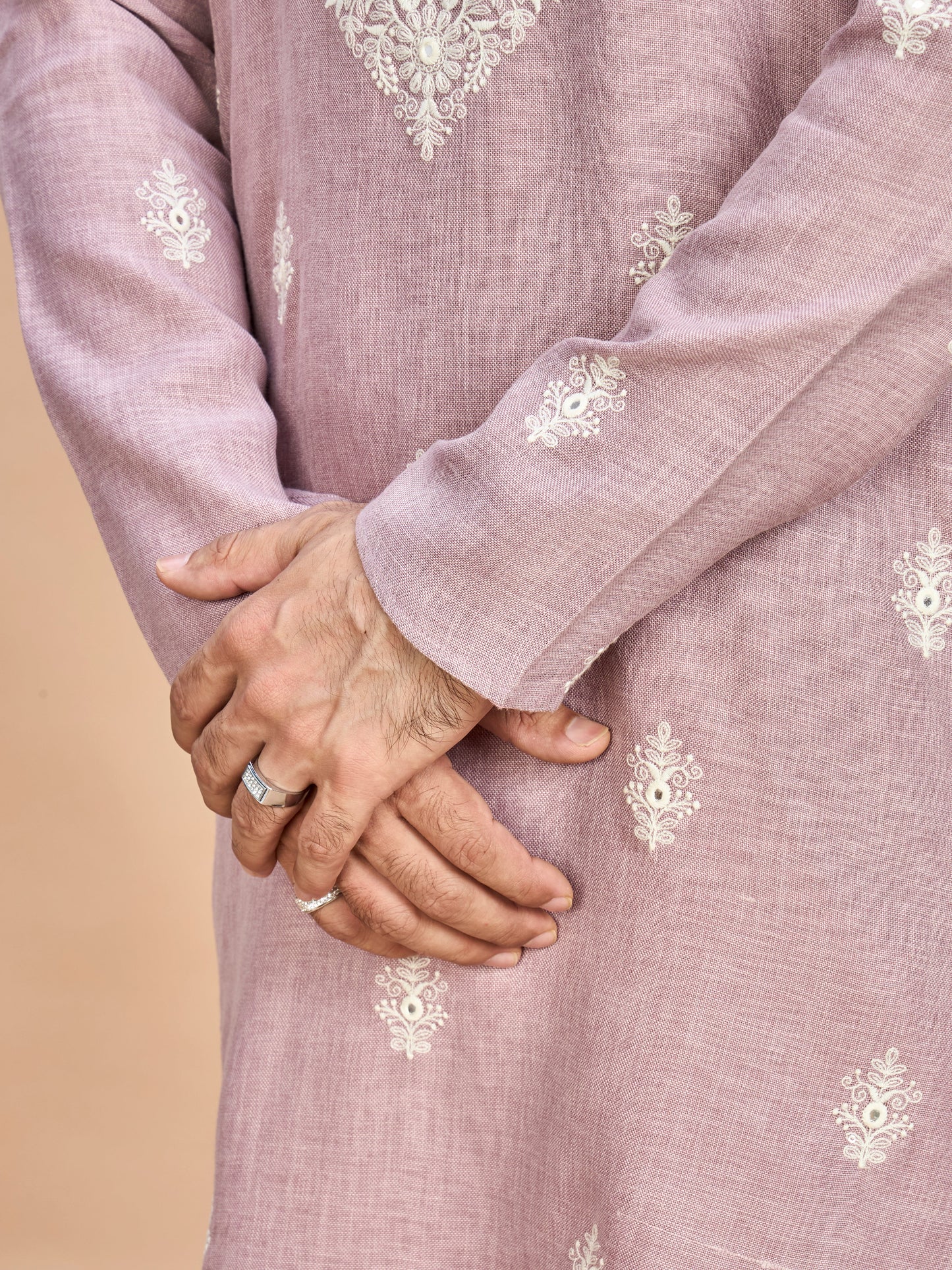 Light Purple Linen Embroidered Kurta Set for Men