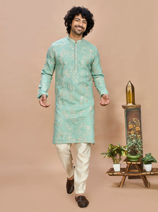 Pista Pastel Embroidered Kurta for Men