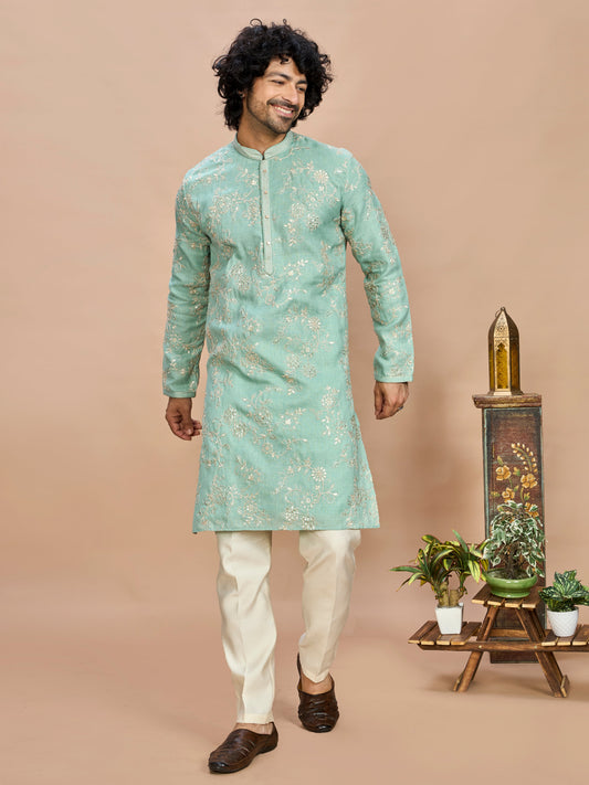 Pista Pastel Embroidered Kurta for Men