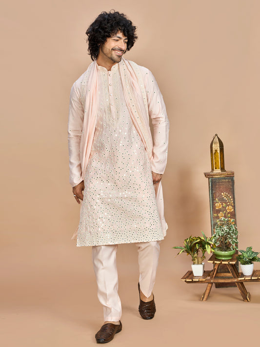 Pink Kurta with Dupatta and Bottom for Men