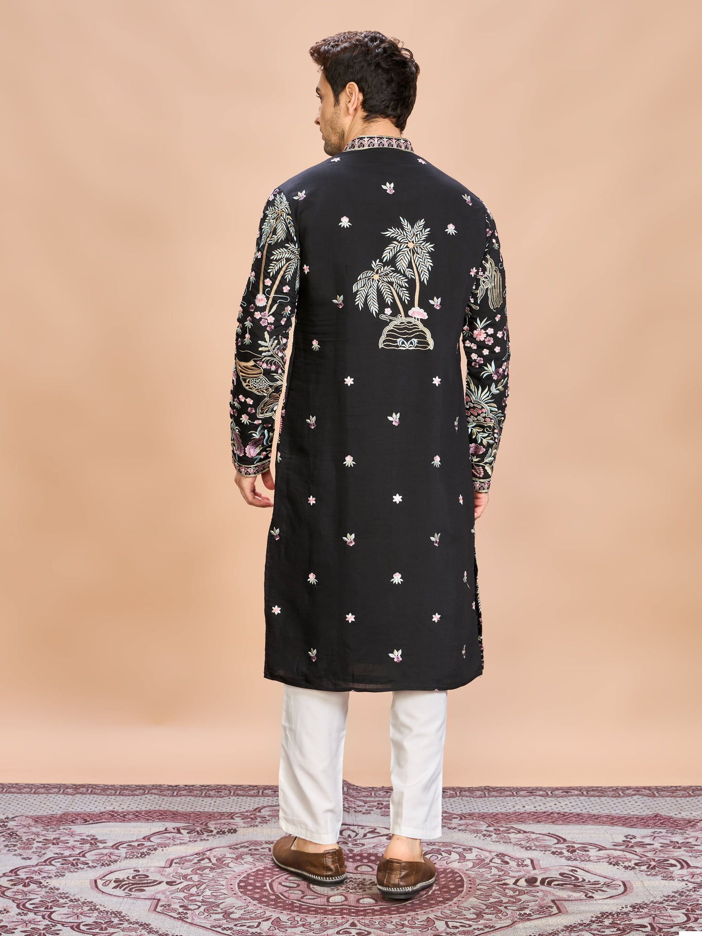 Black Silk Embroidered Kurta Set