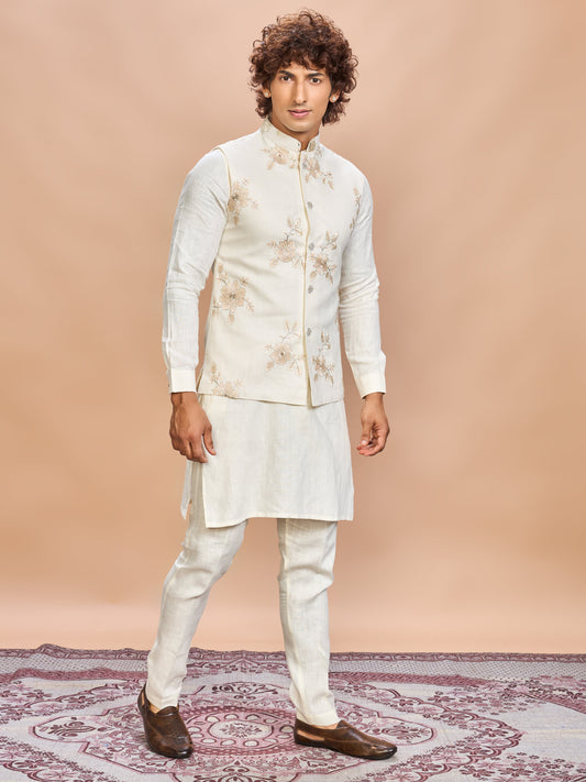 Luxury Cream Embroidered Linen Jacket Kurta Set for Men