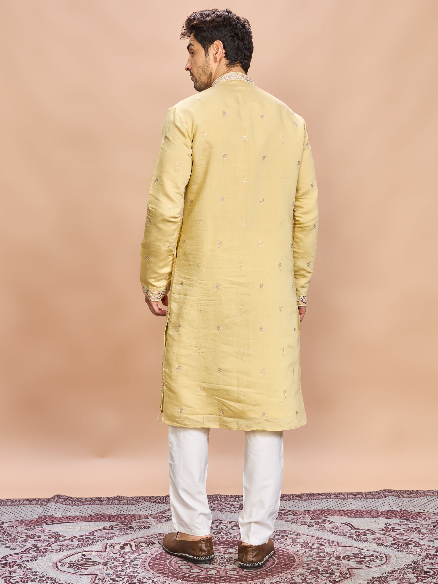 Mustard Silk Embroidered Kurta Set