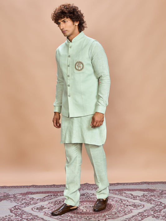 Pista Linen Jacket Kurta Set for Men