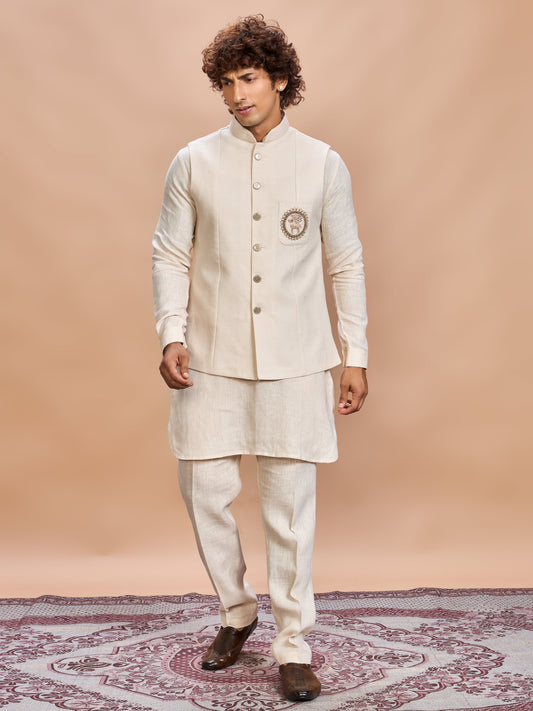 Cream Linen Jacket Kurta Set for Men