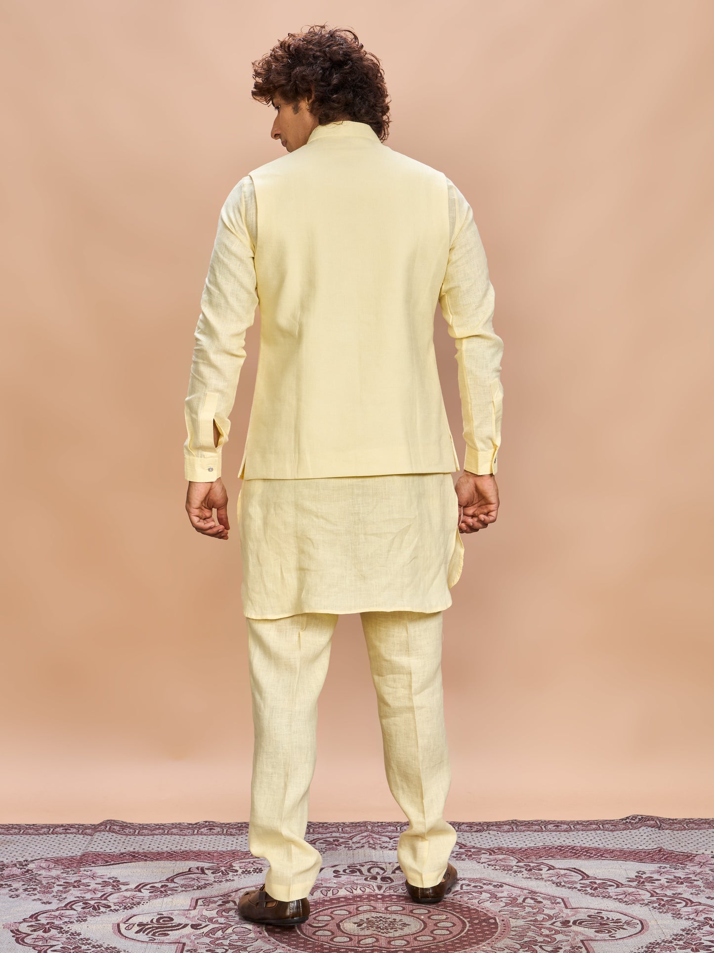 Yellow Linen Jacket Kurta Set for Men