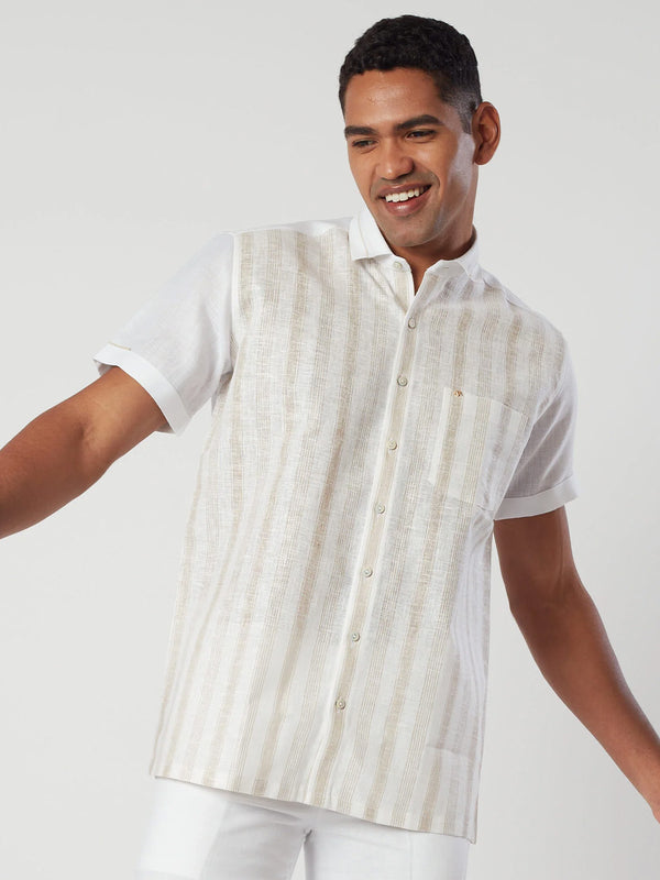 Gold Stripe Pattern White Linen Shirt