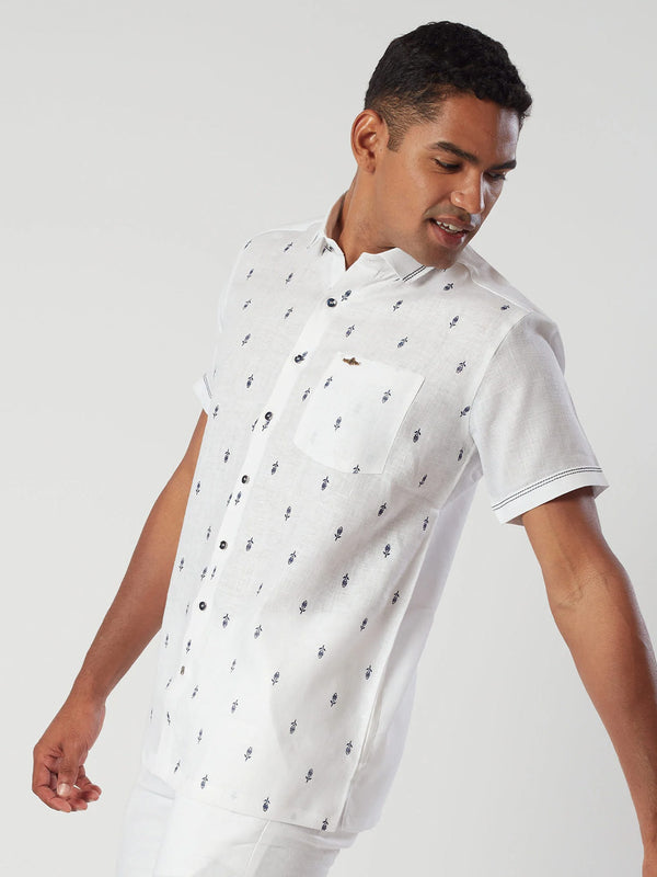 White Basic Printed Linen Shirt