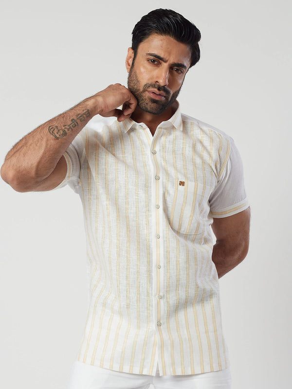 Yellow and White Long Strip Party Wear Shirt