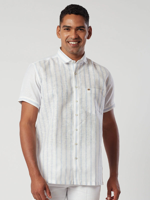 White Linen Half Sleeve Shirt with Vertical Prints