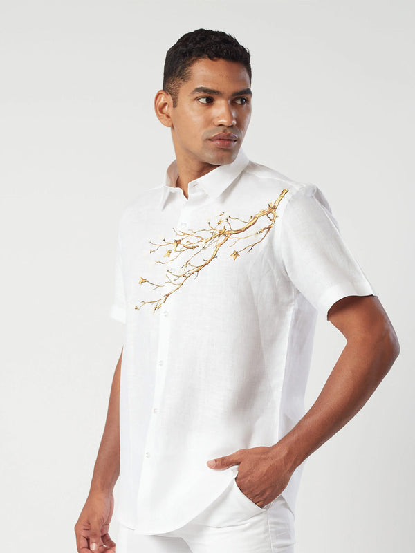 Half Sleeve White Linen Printed Shirt