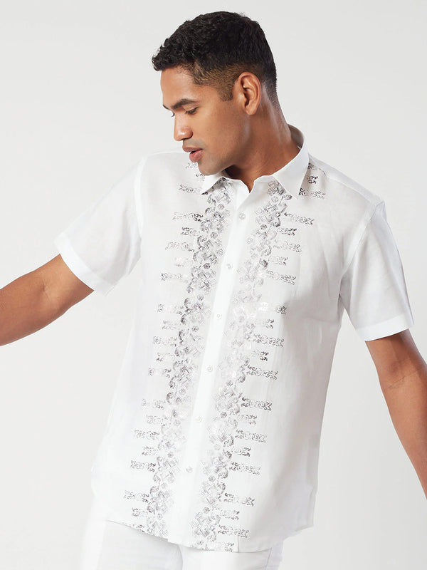 Men White Printed Linen Shirt