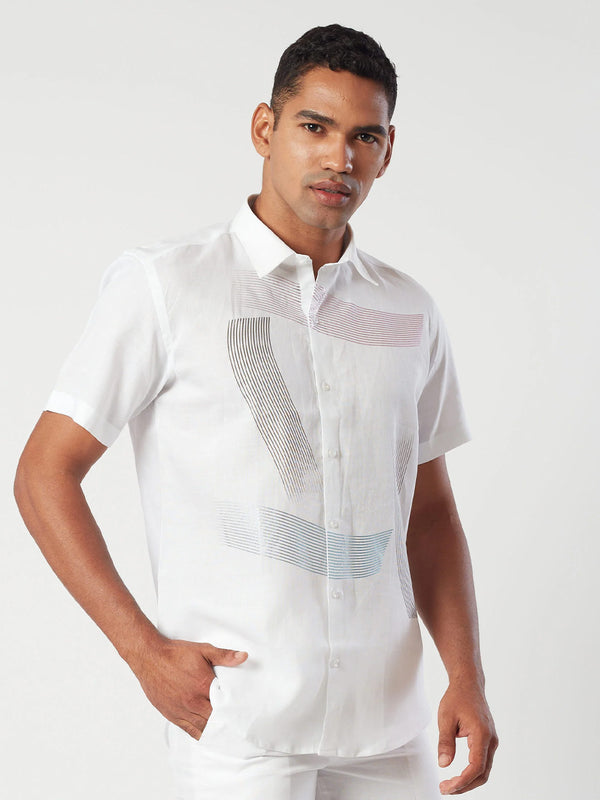 Patterned White Linen Shirt for Men