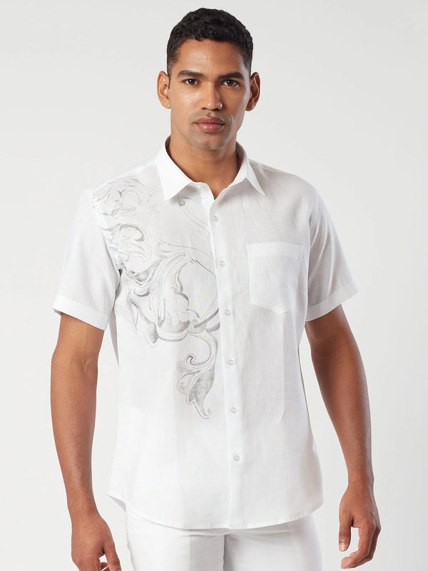 White Half Sleeve Traditional Printed Shirt