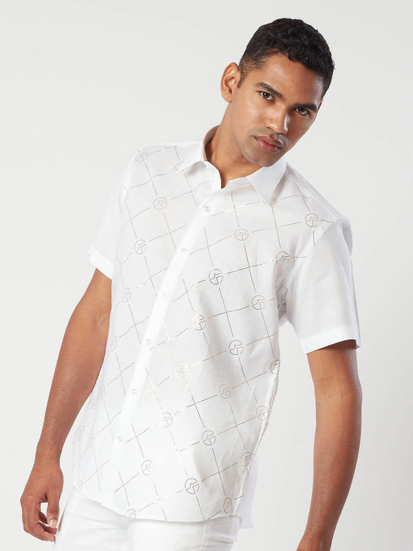 Men White and Silver Printed Linen Shirt