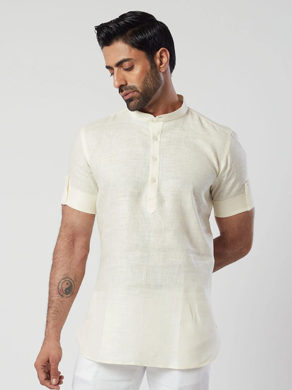 Soft light yellow linen kurta for men