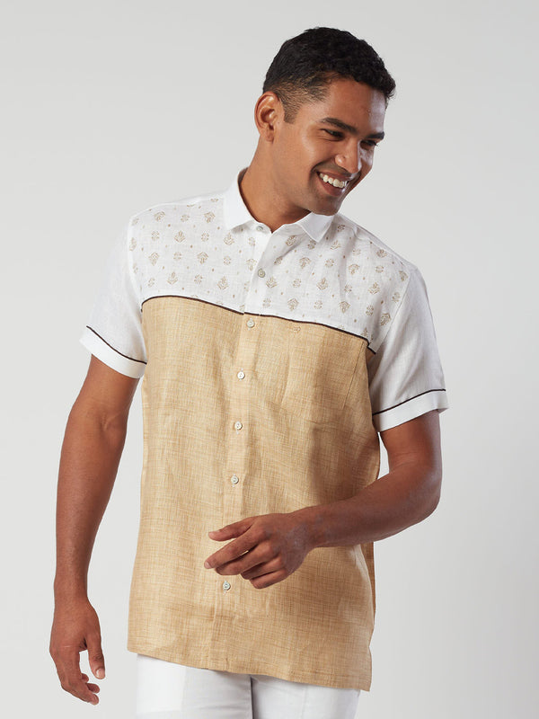 Colour Blocked Brown and White Linen Shirt