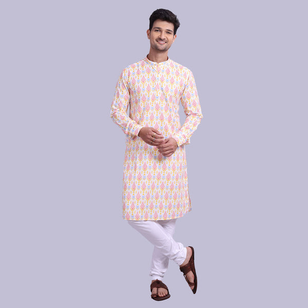 White Kurta for Men With Pastel Prints