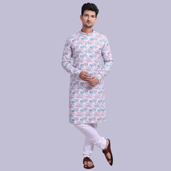 Abstract Printed Kurta for Men in White