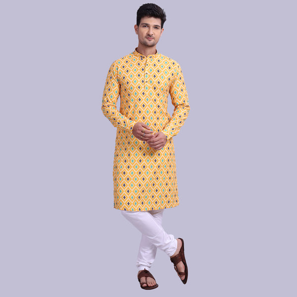 Yellow Batik Print Men's Long Kurta