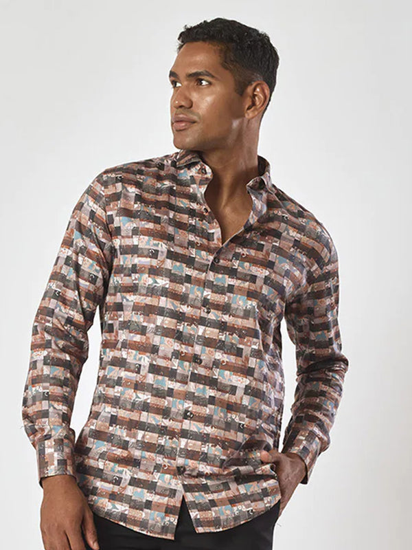 Distinctive Brown Hued Abstract Printed Shirt