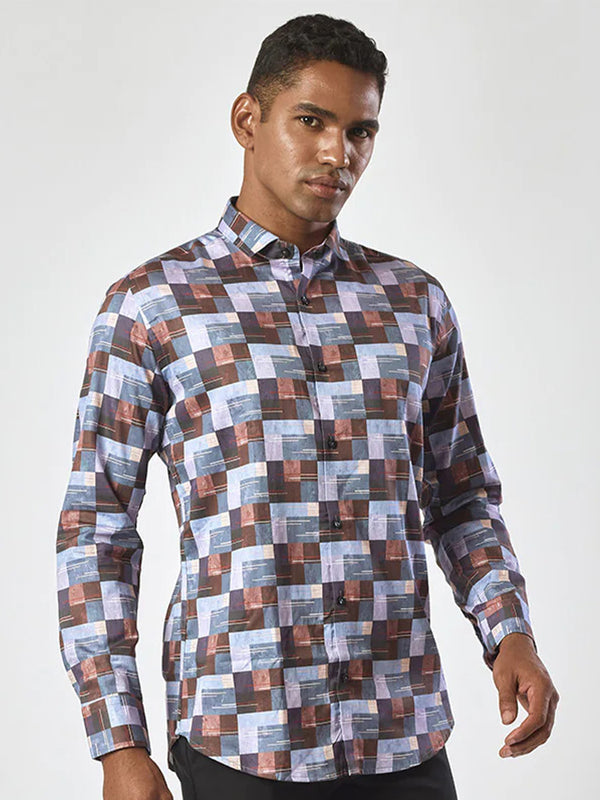 Blue and Brown Printed Full Sleeve Shirt