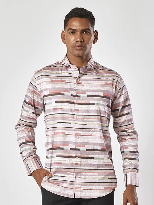 Mens White Full Sleeve Shirt in Pink Strips