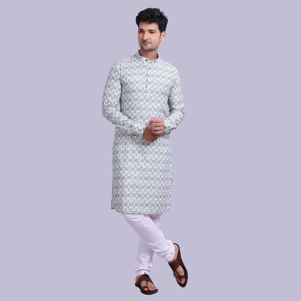 Greenish Grey Printed Men's Kurta