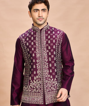 Wine Silk Embroidered Jacket Kurta Set for Men