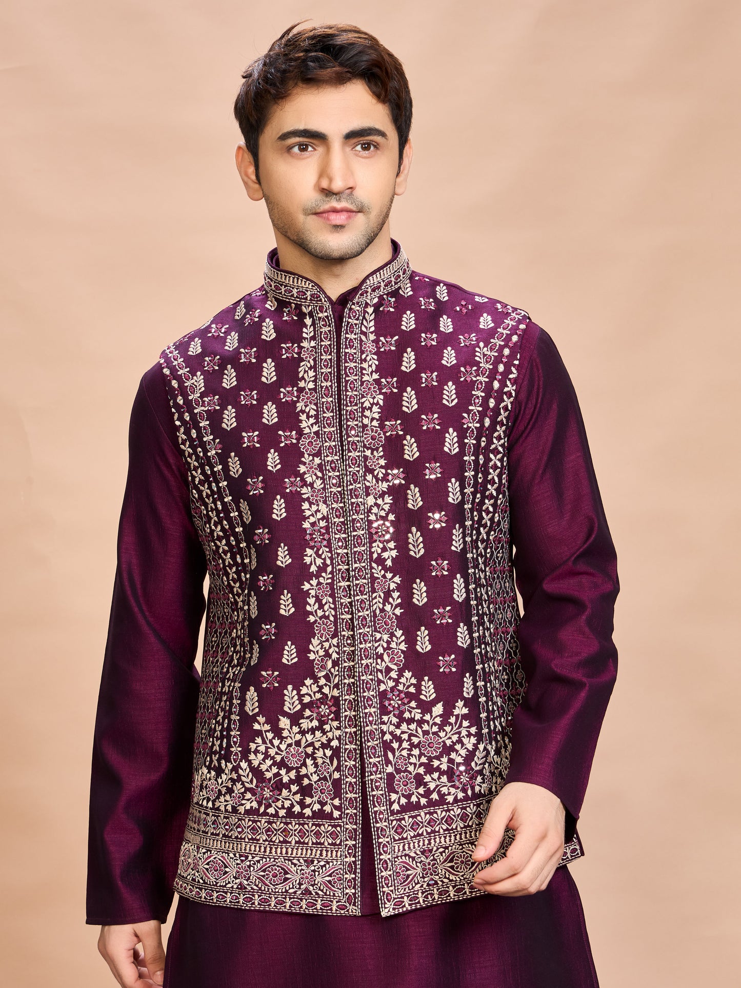 Wine Silk Embroidered Jacket Kurta Set for Men