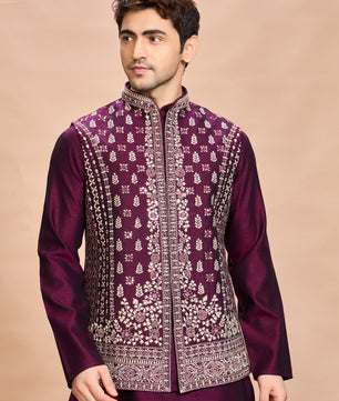 Wine Silk Embroidered Jacket Kurta Set for Men
