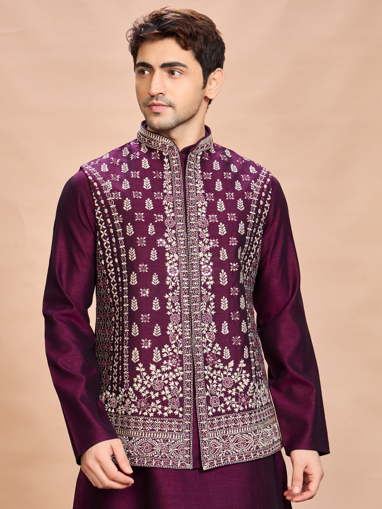 Wine Silk Embroidered Jacket Kurta Set for Men