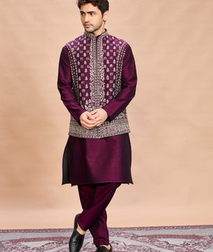Wine Silk Embroidered Jacket Kurta Set for Men