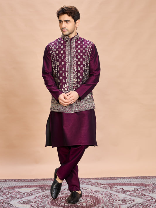 Wine Silk Embroidered Jacket Kurta Set for Men