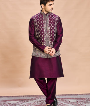 Wine Silk Embroidered Jacket Kurta Set for Men