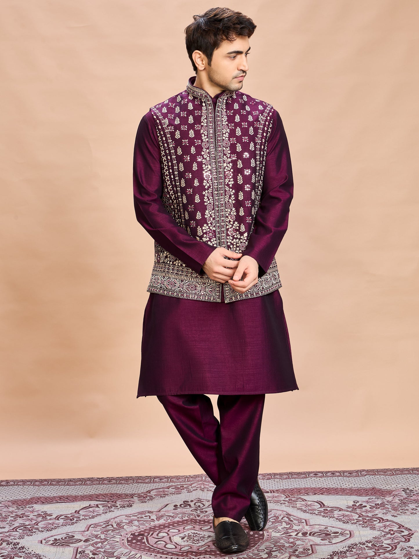 Wine Silk Embroidered Jacket Kurta Set for Men