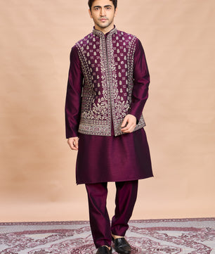Wine Silk Embroidered Jacket Kurta Set for Men