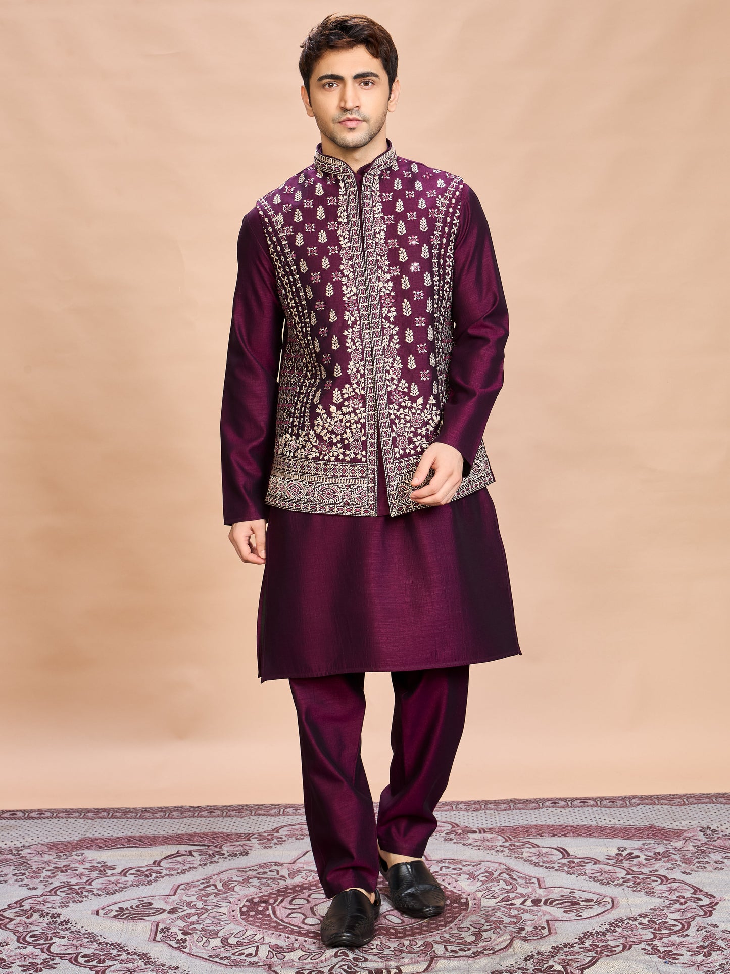 Wine Silk Embroidered Jacket Kurta Set for Men