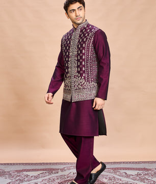 Wine Silk Embroidered Jacket Kurta Set for Men