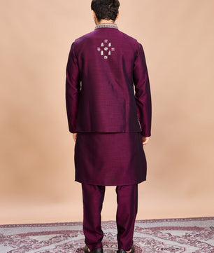 Wine Silk Embroidered Jacket Kurta Set for Men