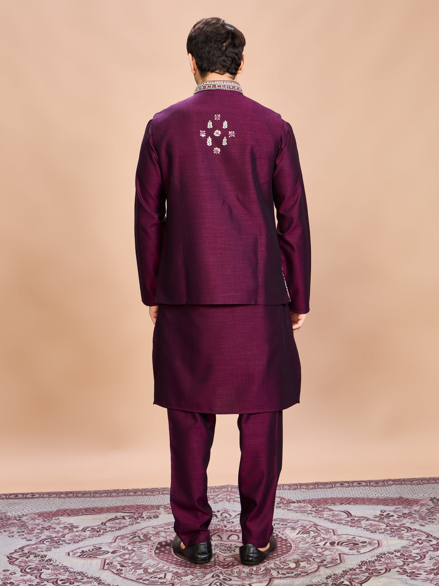 Wine Silk Embroidered Jacket Kurta Set for Men