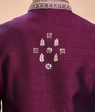 Wine Silk Embroidered Jacket Kurta Set for Men