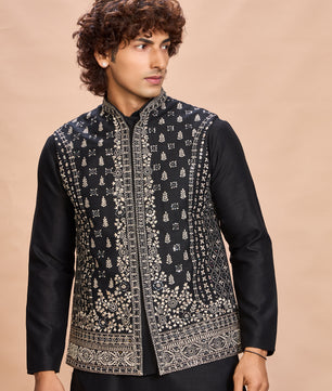 Black Silk Embroidered Jacket Kurta Set for Men
