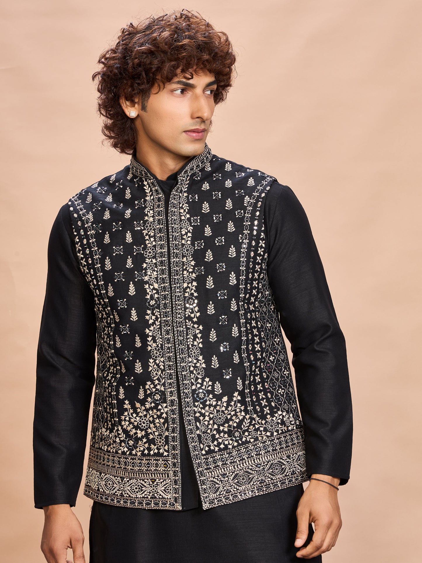 Black Silk Embroidered Jacket Kurta Set for Men