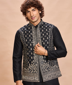 Black Silk Embroidered Jacket Kurta Set for Men